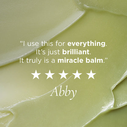 Tamanu balm texture with customer review overlaid "I use this for everything. It's just brilliant. It truly is a miracle balm." - Abby, 5 stars