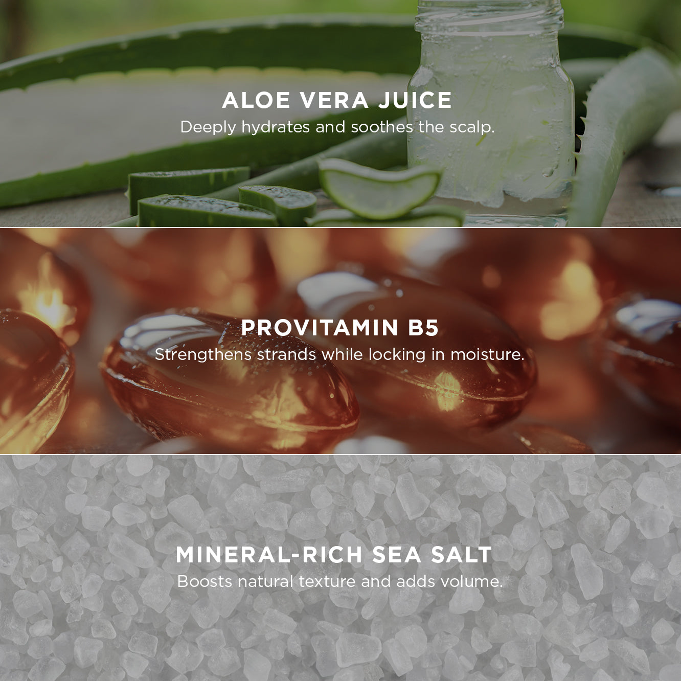 The image showcases three key ingredients in the Tropic Beach Waves Texturising Salt Spray:

Aloe Vera Juice: Deeply hydrates and soothes the scalp.

Provitamin B5: Strengthens strands while locking in moisture.

Mineral-Rich Sea Salt: Boosts natural texture and adds volume.