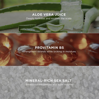The image showcases three key ingredients in the Tropic Beach Waves Texturising Salt Spray:

Aloe Vera Juice: Deeply hydrates and soothes the scalp.

Provitamin B5: Strengthens strands while locking in moisture.

Mineral-Rich Sea Salt: Boosts natural texture and adds volume.